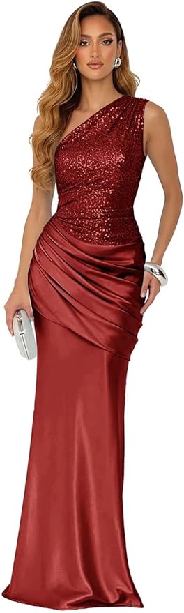 Sparkly Sequins Mermaid Prom Dress 2026 for Women Long Satin One Shoulder Asymmetrical Pleated Formal Evening Gown