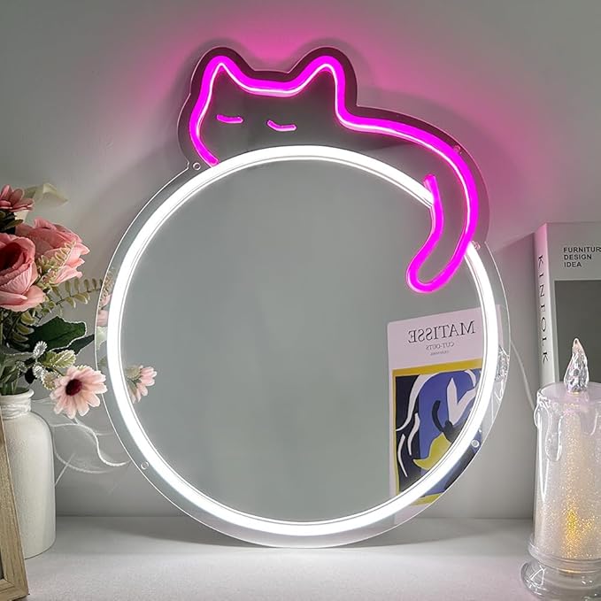 jXIN Cat Neon Signs Mirror 16.53"x13.38" USB Powered with Dimmer LED Cute Neon Light for Wall Room Decor Bedroom Living Room Party Studio Shop Birthday Gifts for Girls