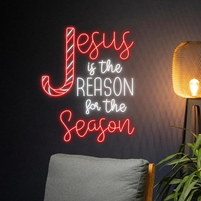 Jesus Is The Reason For The Season Cross Neon Sign, Christmas Led Sign, Merry Christmas Neon Light, Jesus Happy New Year Room Wall Art Decor Size:20inches