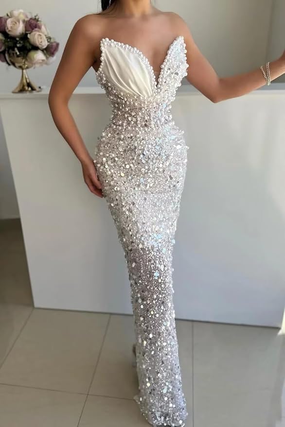 Sparkly Sequin Mermaid Prom Dresses Long V Neck Satin Beaded Pleated Tight High Waist Formal Dresses Evening Party Gowns