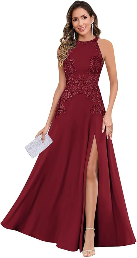 GUKARLEED Halter Lace Appliques Mother of The Bride Dresses for Women Long A-line Formal Wedding Guest Dress with Slit