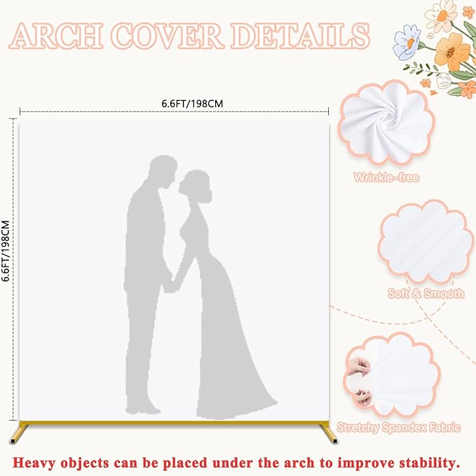 Metal Arch Backdrop Stand and White Arch Cover Set 6.6 x 6.6FT Square Wedding Backdrop Arched Stands with Balloon Arches Stand Cover for Birthday Party Baby Shower Graduation Ceremony Decor
