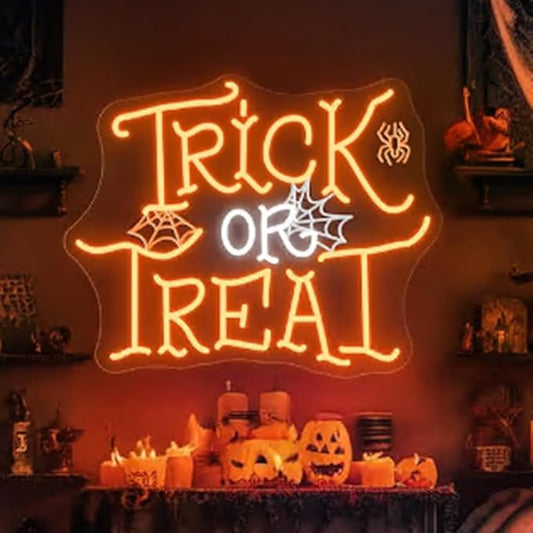 Trick Or Treat Spiderweb Neon Sign, Halloween LED Neon Light, Spooky Halloween Party Sign Size:16 x 12inches