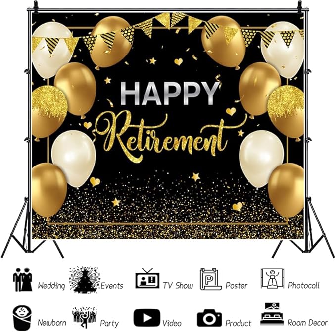 12x10ft Happy Retirement Backdrop for Photography Glitter Black Gold Retirement Party Decorations Banner Background Gold Sequins Balloons Men Women Celebrate Retirement Party Supplies Props