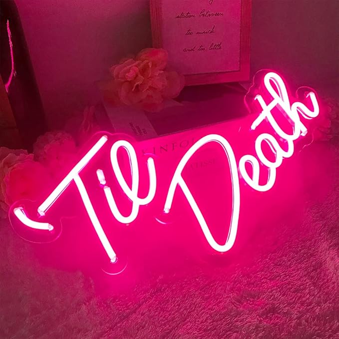 JXIN Til Death Neon Sign for Wall Decor, Til Death LED Neon Light Signs for Wedding Engagement Birthday Anniversary Proposal Party Bedroom Office, Wedding Gifts for Loved Ones, 16"x9" Pink
