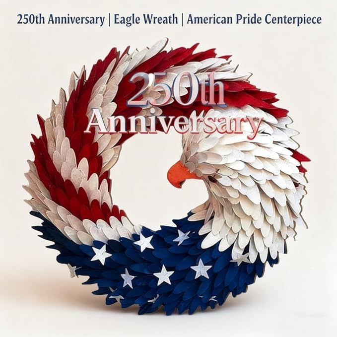250th Anniversary Eagle Wreath 3D Patriotic Brave Wings Decoration Red White Blue Style Fabric Design for Front Door Wall Porch Independence Memorial Day Indoor Outdoor Decor(1pc,14.9in)