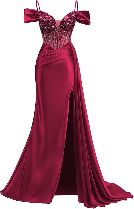 Rjer Off The Shoulder Satin Prom Dresses Long with Slit Tail 2026 Sequin Beaded Pleated Evening Ball Gown for Women Formal