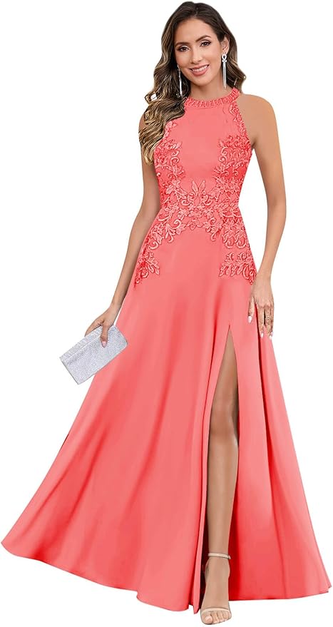 GUKARLEED Halter Lace Appliques Mother of The Bride Dresses for Women Long A-line Formal Wedding Guest Dress with Slit