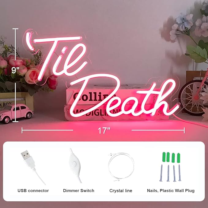 JXIN Til Death Neon Sign for Wall Decor, Til Death LED Neon Light Signs for Wedding Engagement Birthday Anniversary Proposal Party Bedroom Office, Wedding Gifts for Loved Ones, 16"x9" Pink