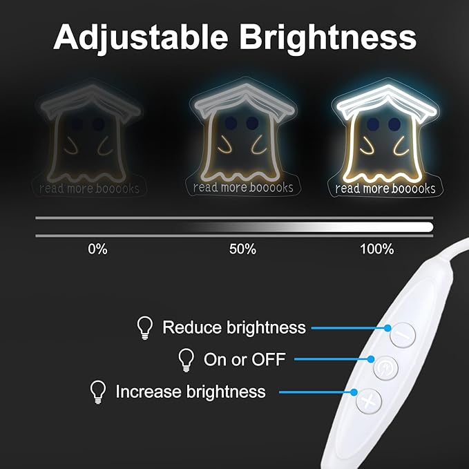 Read More Books Neon Sign, Cute Ghost Reader LED Sign Light, Kawaii Funny Ghost with Bachelor Cap Light Up Night Light for Bedroom Classroom Study Reading Room Library Decoration, 13"x13"