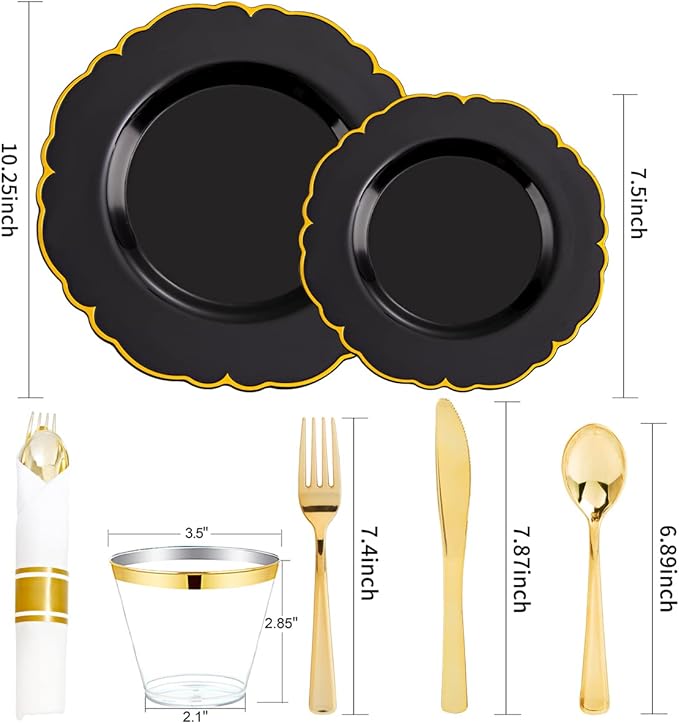 Morejoy 175PCS Black Gold Plastic Plates, Black Plate with Rolled Napkins: 50 Plates, 25 Spoons, 25 Forks, 25 Knives, 25 Cups for Wedding & Party & Birthday & New Year & Halloween