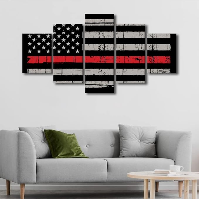 5 Panels Retro American Flag Wall Art Black White and Red US Flag Painting Prints Artwork Modern Home Decor Canvas Wall Art for Home and Office Wooden Decoration Framed Ready to Hang 60x32 in