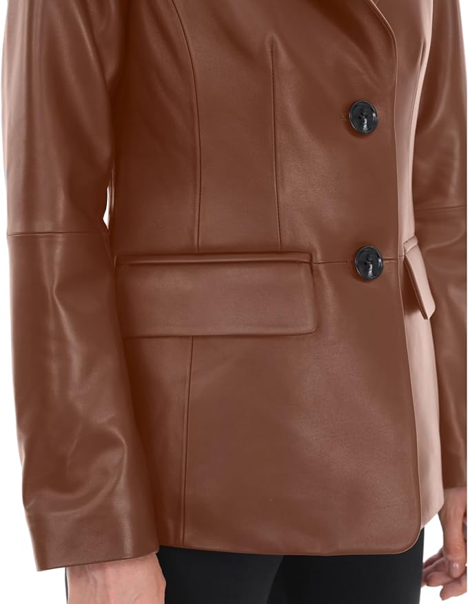 SILVER FASHIONS Lambskin Leather Jacket Women,Long Sleeve Button Front Leather Blazer,Notched Lapel Casual Style,Vent Detail