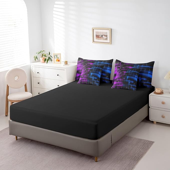 Feelyou Blue and Purple Comforter Set with Sheets 7 Piece King Size Kids Geometric Bed in a Bag Strip Lines Bedding Set Abstract Art Bed Set with Comforter, Sheets,Pillowcases,Cushion Covers