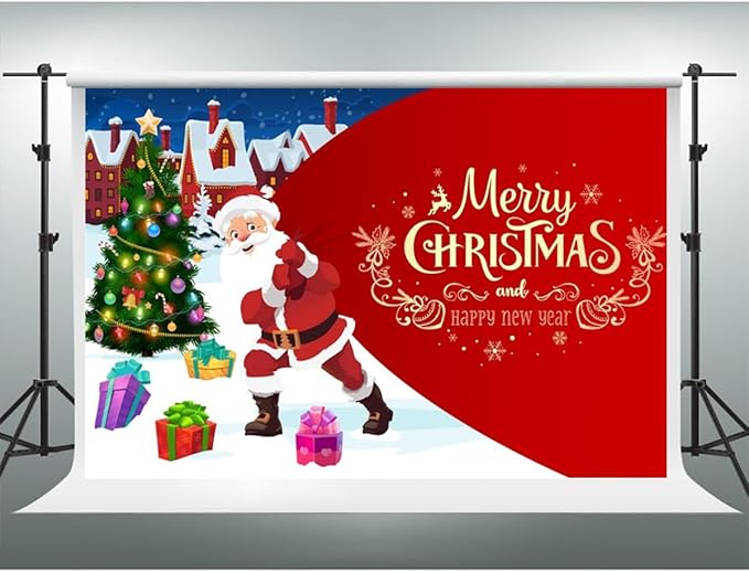 YongFoto Merry Christmas Backdrop 10x8ft Christmas Tree Santa Claus's Gift Snow Town Photography Background Happy New Year Xmas Eve Family Party Banner Room Decor Photoshoot Wallpaper Photo Booth