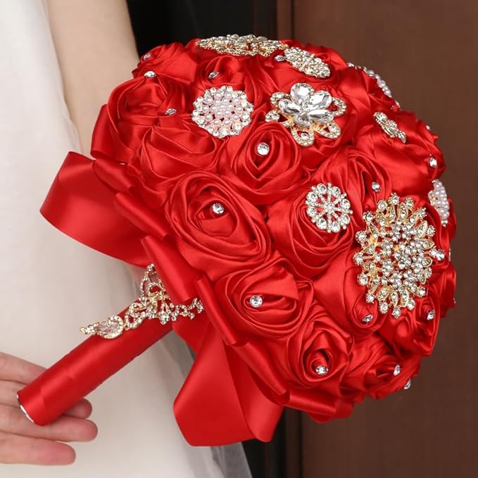 Red Handmade Wedding Bridal Bouquet with Luxury Gold Rhinestone Brooch Satin Rose Flower Bouquet for Bride Bridesmaid Quinceanera Wedding Bouquet Red 7.5in