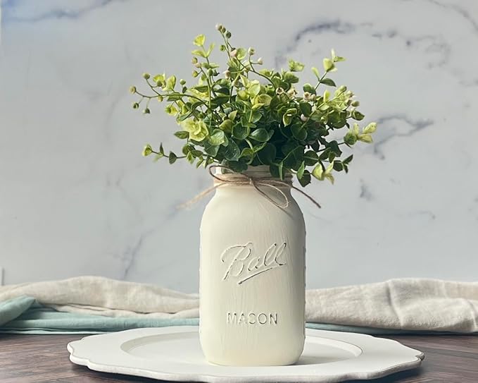Centerpieces for Bridal Shower - Ivory Mason Jars Centerpieces for Tables, Set of 5-32 oz Hand-Painted Mason Jars for Wedding Centerpieces - Rustic Bridal Shower Centerpieces (5 Ivory w/Greenery)