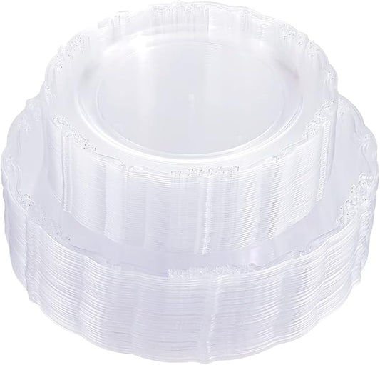 U-QE 100 Pieces Clear Plastic Plates - Clear Disposable Plates - Premium Hard Plastic Plates for Party, Holiday and Party Use Including 50 Dinner 10 '' & 50 Dessert Platos 7.5 ''