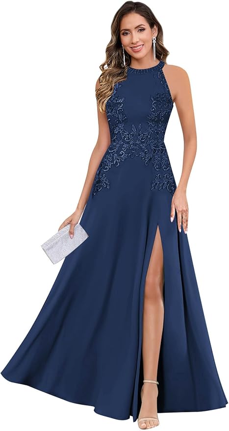 GUKARLEED Halter Lace Appliques Mother of The Bride Dresses for Women Long A-line Formal Wedding Guest Dress with Slit