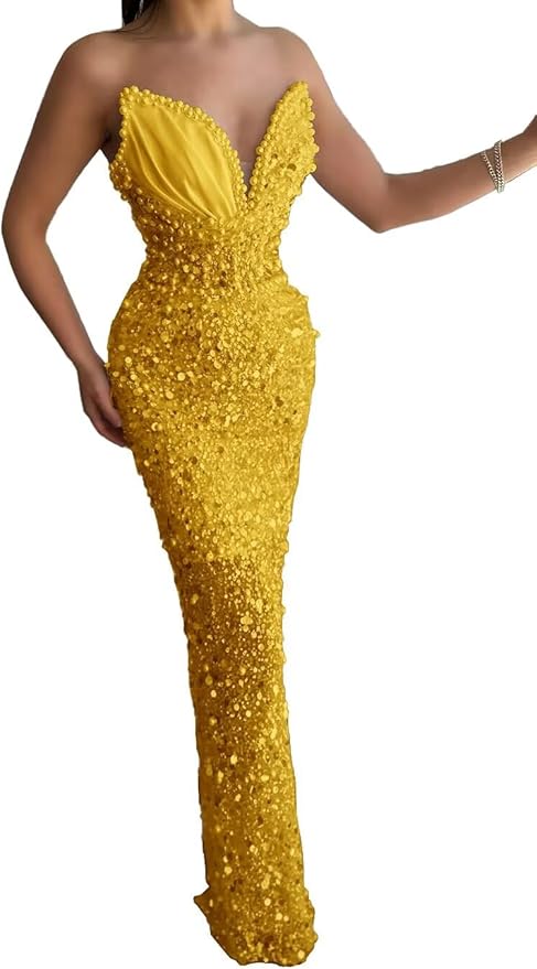 Sparkly Sequin Mermaid Prom Dresses Long V Neck Satin Beaded Pleated Tight High Waist Formal Dresses Evening Party Gowns