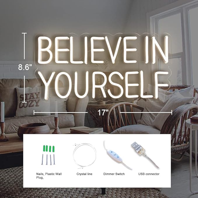 Believe In Yourself Neon Sign for Wall Decor, 17"x9" LED Light USB Dimmable Powered for Bedroom Bedroom Office Home Decor Man Cave, Birthday Gifts for Boys Girls