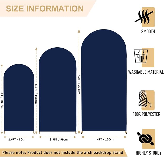 Wedding Arch Cover 7.2FT 6.6FT 6FT Navy Spandex Arch Cover Set of 3 Arch Covers Stretchy Backdrop Round Top Arch Cover for Arch Stand Chiara Backdrop Covers for Wedding Birthday Party Decor