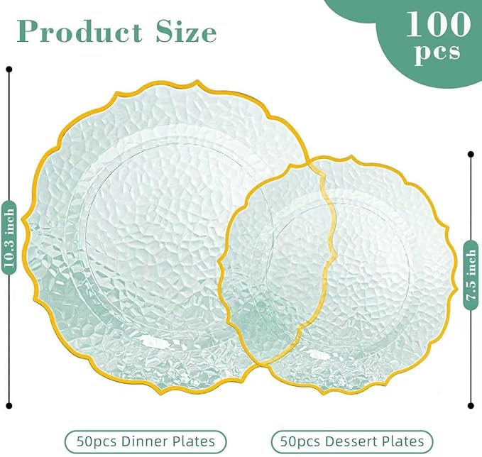 100 PCS Green Stone Texture Plastic Plates, Disposable Plates with Gold Rim, Heavy-duty Clear Plastic Plate Include 10" Dinner and 7" Salad Plate for Party and Wedding