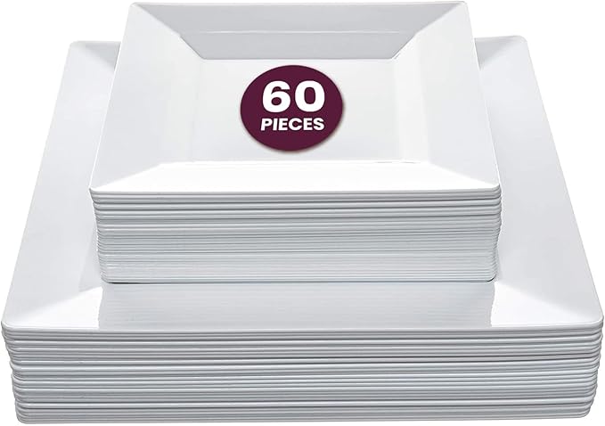 Aya's 60ct Square Plastic Disposable Plates, White - 9.5-Inch 30 Dinner and 6.5-Inch 30 Salad Plates for Party - Heavy-Duty Hard Plastic Design for Wedding, Event, Christmas, and Thanksgiving