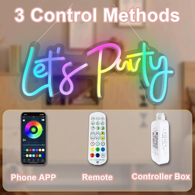 JXIN Colorful Lets Party Neon Sign for Wall Decor, Let's Party Sign for Birthday Wedding Party, Color Changing Light with Remote, Music Sync, Timing & APP Control, Gifts for Loved Ones, 23"x10"