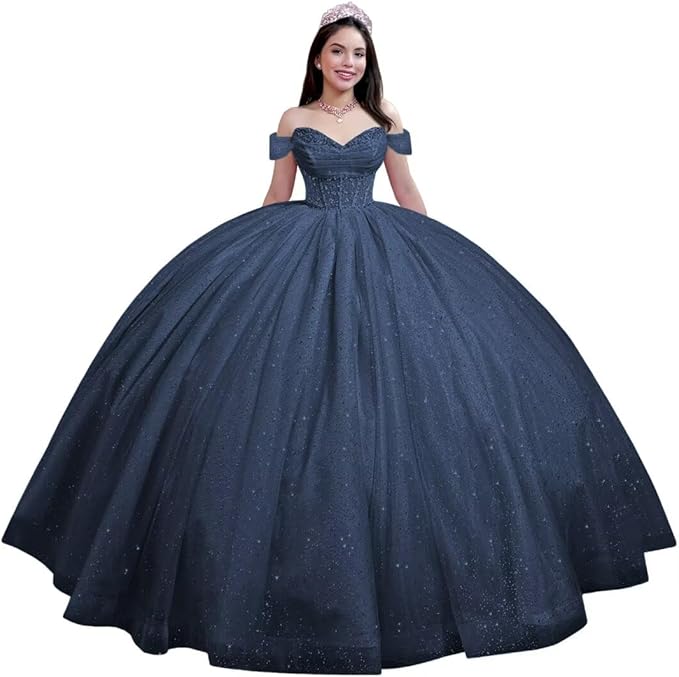 Youjiayi Glitter Tulle Quinceanera Dresses with Train Off Shoulder Beaded Sweet 16 Dresses Pleated Long Ball Gown for Women