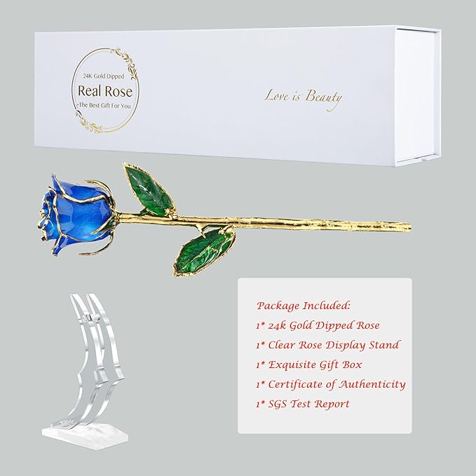 24K Gold Rose, Dipped Rose is Attractive Luster and Natural Shape, Best Gifts for Anniversary Wedding Valentines Day (Blue Original Rose with Stand)