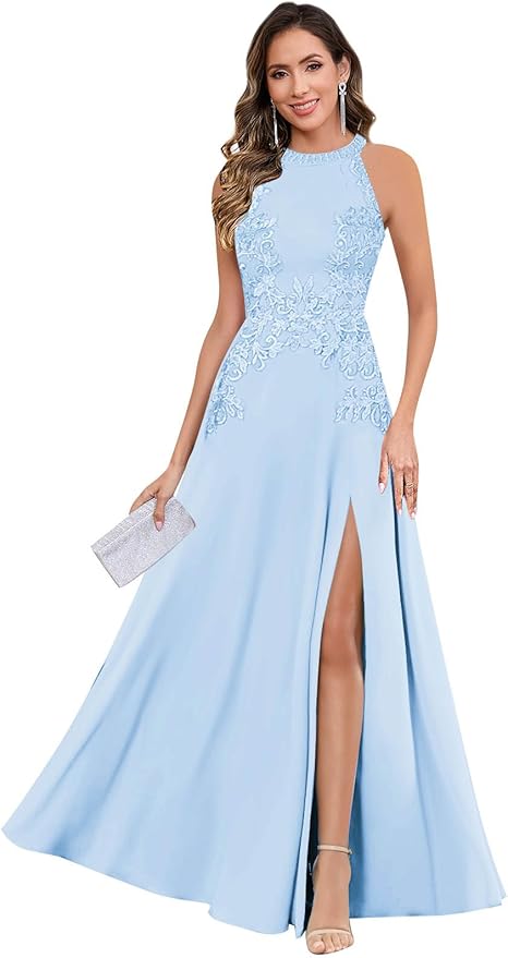 GUKARLEED Halter Lace Appliques Mother of The Bride Dresses for Women Long A-line Formal Wedding Guest Dress with Slit