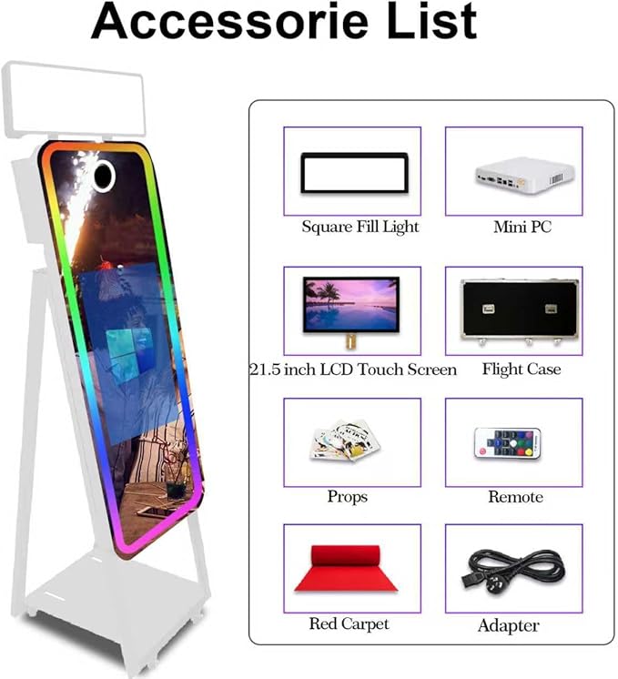 Magic Mirror Photo Booth,Mirror Photo Booth Interactive Touch Screen with Flight Case, Built-in Mini PC with Instant Print and Sharing for Event Party Wedding Rental (White, 21.5''Screen)