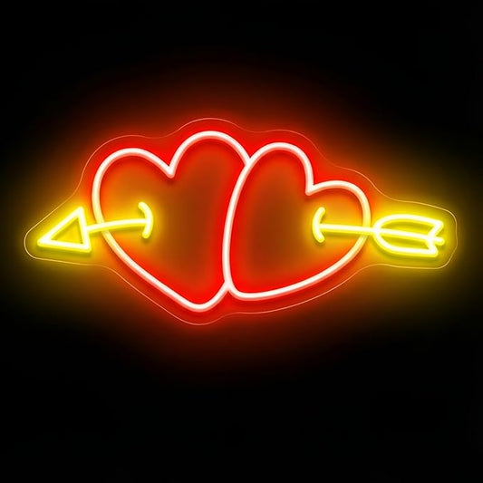 Double Heart Cupid Arrow Neon Sign for Wall Decor, Romantic LED Neon Light for Engagement Party, Wedding & Anniversary Decorations, Symbolic Neon Wall Art for Valentine’s Day Celebration 16.5"x7.9"