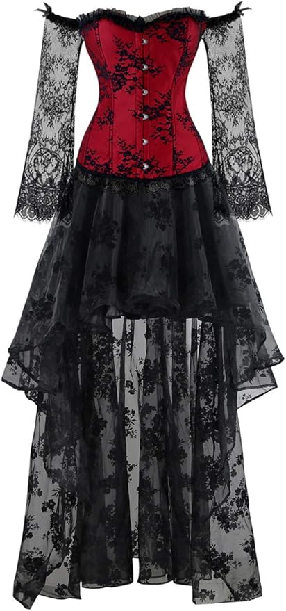 Kimring Women's Steampunk Victorian Off Shoulder Corset Top with High Low Skirt