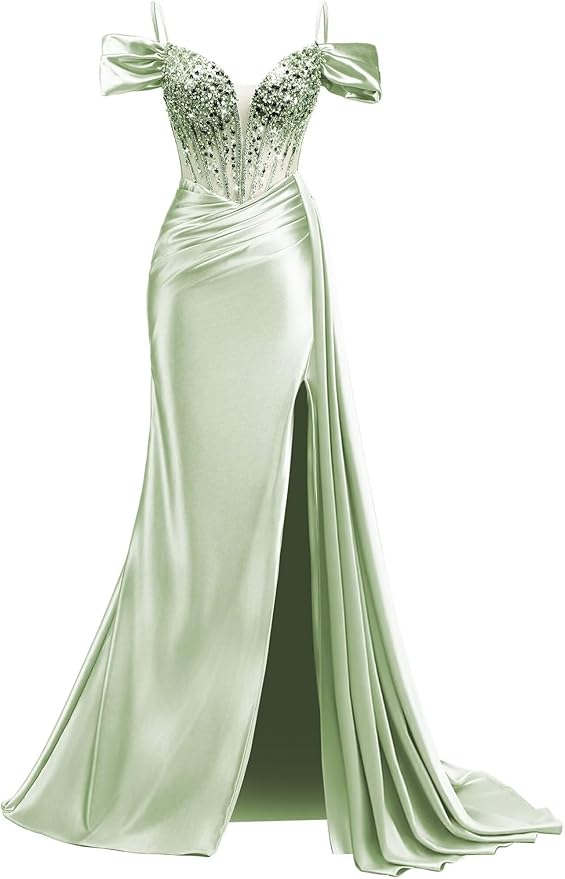 Rjer Off The Shoulder Satin Prom Dresses Long with Slit Tail 2026 Sequin Beaded Pleated Evening Ball Gown for Women Formal