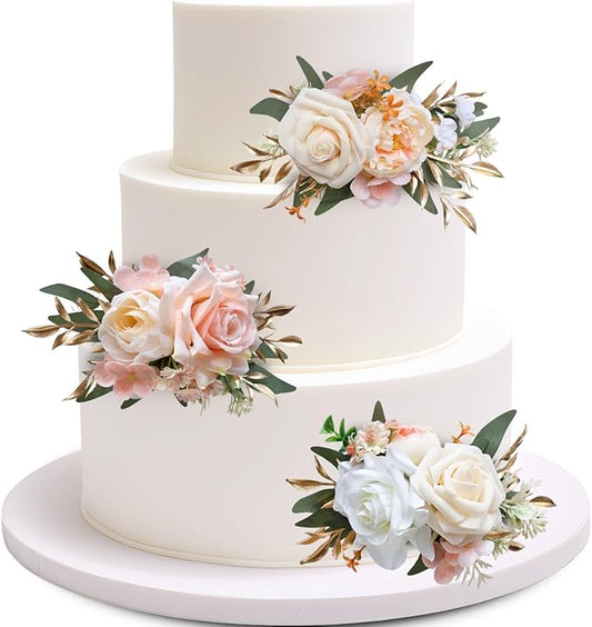 Marriwise 3Pcs Pre-made Cake Toppers Flowers, Champagne Wedding Cake Decoration,Artificial Flowers Decor for Wedding Ceremony Anniversary,Birthday Party,Outdoor Forest (Champagne)