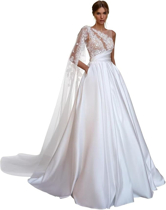 Zeeyecie Ruffle Satin Wedding Dresses 2025 A-Line Crew Neck Lace Applique Sequins Beads Sparkly Bridal Gown with Pockets