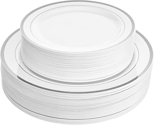 Aya's 60 Silver Rimmed Plastic Plates for Party, Heavy Duty Disposable Plate Set of 30 Dinner and 30 Dessert Plates for Weddings and Special Events, Fancy Disposable Tableware
