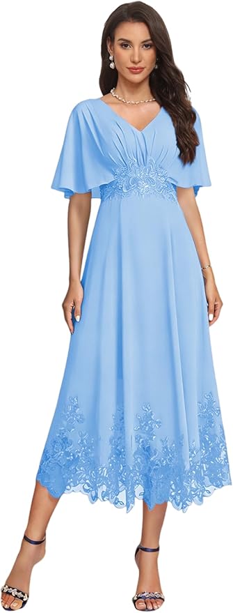Tea Length Mother of The Bride Dress with Sleeves Laces Formal Evening Gowns for Wedding V Neck Wedding Guest Gown ZMX37