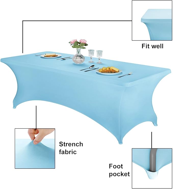 FORLIFE 4Pack Spandex Table Covers，Fitted Tablecloth for Rectangular Tables, Stretch Patio Table Covers, Universal Spandex Table Cover for Wedding, Banquet, Party (8ft, Bluemist)