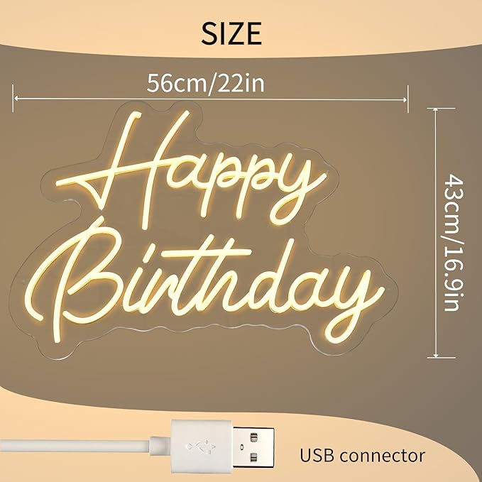 HMT Happy Birthday Neon Sign for Backdrop Wall Decor Large Size 22×16.9 Inch Happy Birthday LED Neon Lights for Birthday Party Decor Light Up Sign Neon Signs for Room Reunion Decoration Celebrations Adjustable light intensity (Warm White)