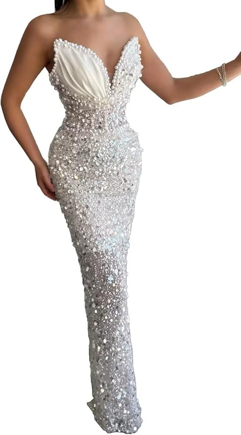 Sparkly Sequin Mermaid Prom Dresses Long V Neck Satin Beaded Pleated Tight High Waist Formal Dresses Evening Party Gowns