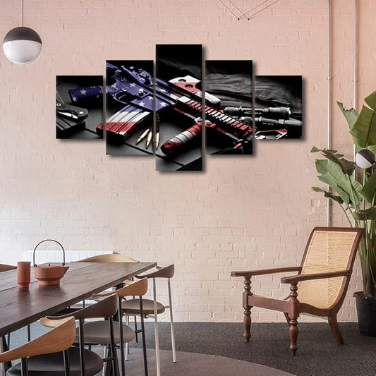 TISHIRON Large Family Decor Wall Art American Gun Set Canvas Painting Posters Wall Decor 5 Piece USA Flag Prints on Cool Gun Modern Art Wall Decor for Living Room Office Framed Ready to Hang 60x32 in