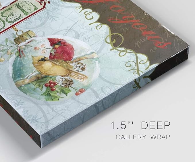 Renditions Gallery Joyous Noel Ornament Wall Art, Cute Winter Decor, Yellow & Red Cardinals, Festive Holly, Premium Gallery Wrapped Canvas, Ready to Hang, 40 in H x 40 in W, Made in America
