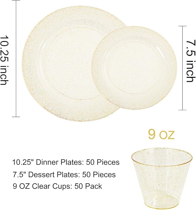 DaYammi 350Pcs Gold Glitter Dinnerware Set 50 Guest for Party Gold Plates Disposable - 50 Dinner Plate,50 Dessert Plate,50 Per Rolled Napkins with Gold Cutlery,50 Plastic Cups 9 OZ for Party Wedding