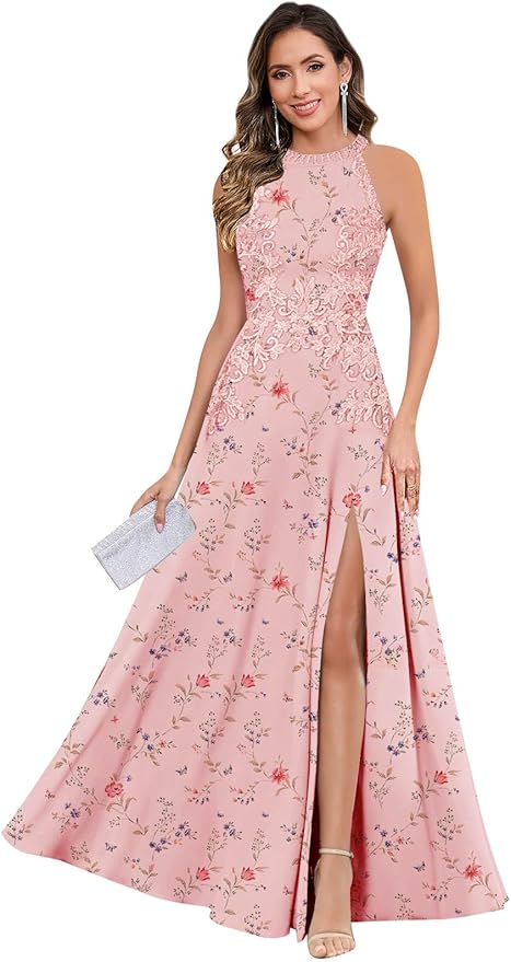 GUKARLEED Halter Lace Appliques Mother of The Bride Dresses for Women Long A-line Formal Wedding Guest Dress with Slit