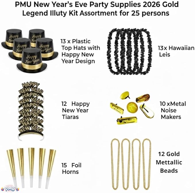 PMU New Year's Eve Party Supplies New Year's Eve Decorations Supplies, 2026 Gold Legend Illusion Party Kit Assortment for 25 Persons - Outfits for Adults, Men and Women (25/psn) Pkg/1