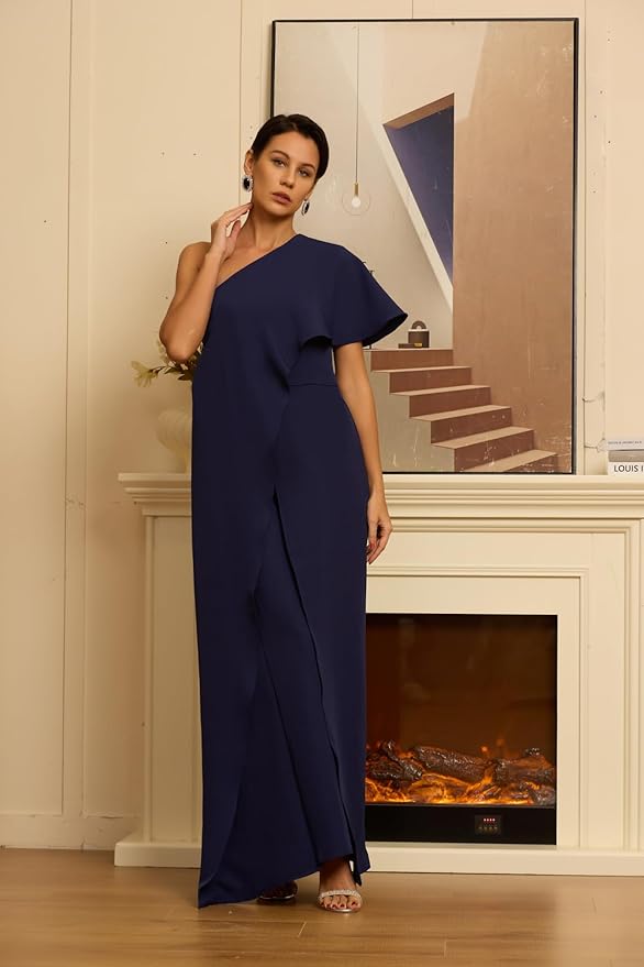 Mother of The Bride Jumpsuit Chiffon One Shoulder Ruffles Wedding Guest Pantsuit for Women