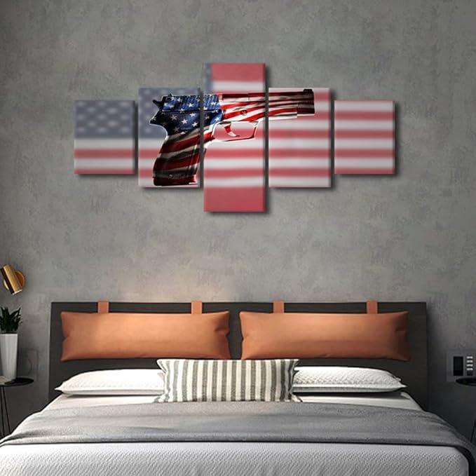 Wall Art American Flag Gun Canvas Painting Blue and Red Line Modern Home Decor 5 Panels Wall Art Picture for Living Room Wall Decorations Print Decor Living Room Framed Ready to Hang 50"Wx24"H